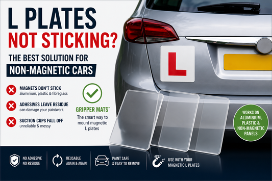 Gripper Mats™ for L plates on non-magnetic cars including aluminium and plastic vehicles, showing three clear reusable mats beside a learner driver L plate on a modern silver car.