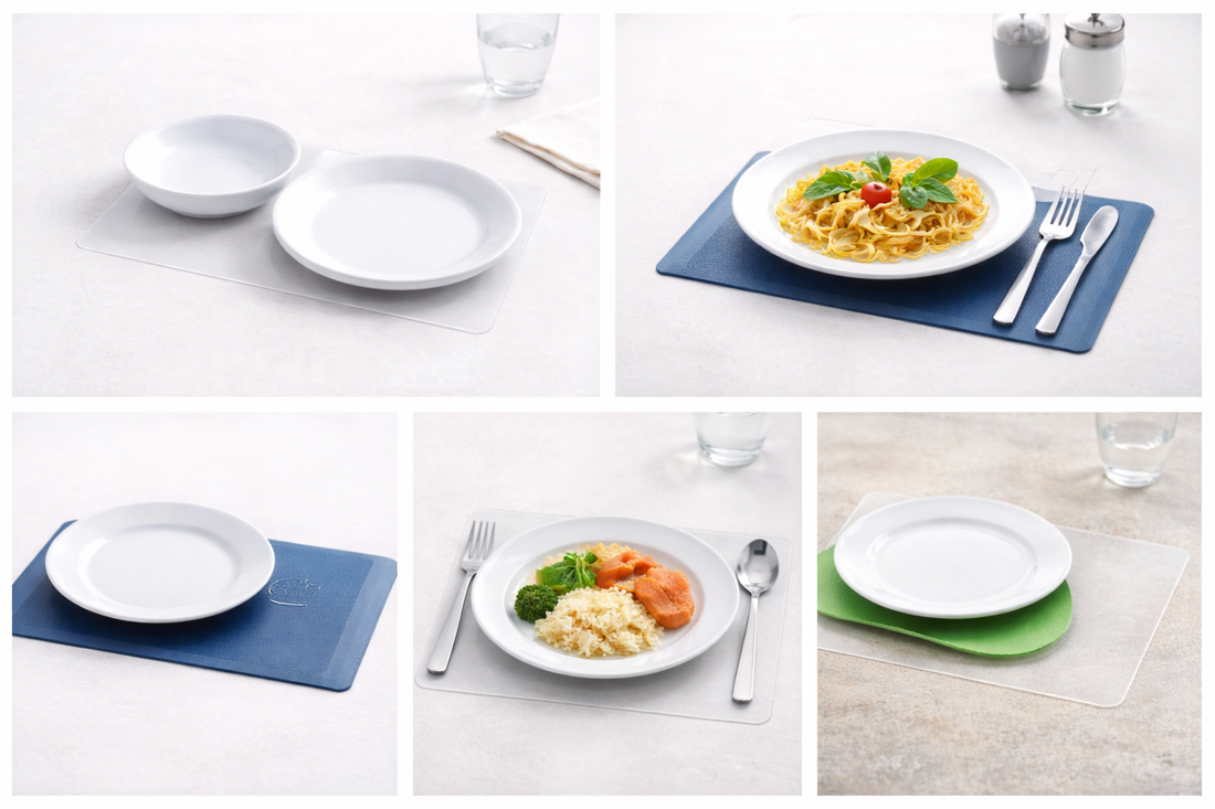 Non slip mat for independent eating keeping a plate stable on a table