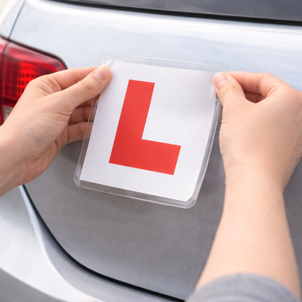 Attaching an L plate to an aluminium car using a removable non-adhesive grip mat