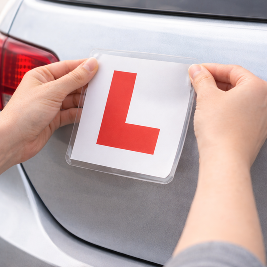 Attaching an L plate to an aluminium car using a removable non-adhesive grip mat