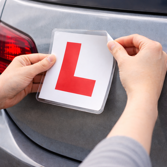 Different L plate attachment methods including magnetic, adhesive, and removable grip options