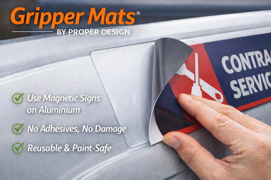 Gripper Mats by Proper Design showing how magnetic signs stick to aluminium without adhesives