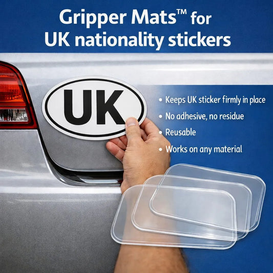 Gripper Mats™ holding a UK nationality sticker on a car without adhesive, reusable and paint-safe on any vehicle surface